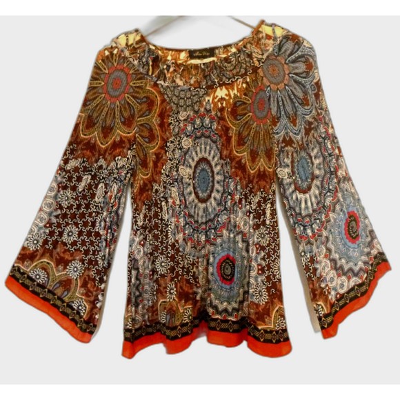 Melissa Paige Tunic Top Medium Fiesta Print Crinkle Colorful Cutout Flowy - Picture 1 of 8